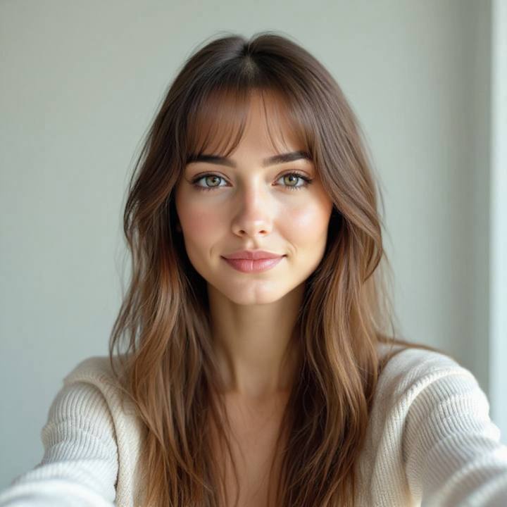 The same woman after an AI curtain bangs try on, wispy fringe added, face kept