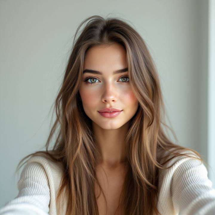 Long-haired woman with no fringe before an AI curtain bangs try on