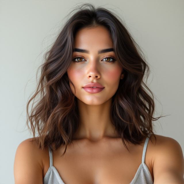Woman with wavy hair before an AI bangs try on