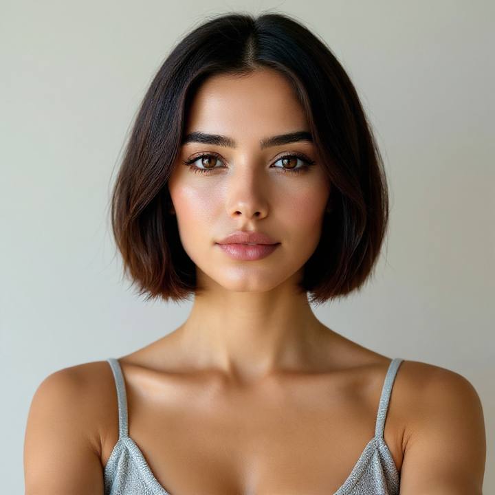 The same woman with a sharp blunt bob — face and skin tone unchanged
