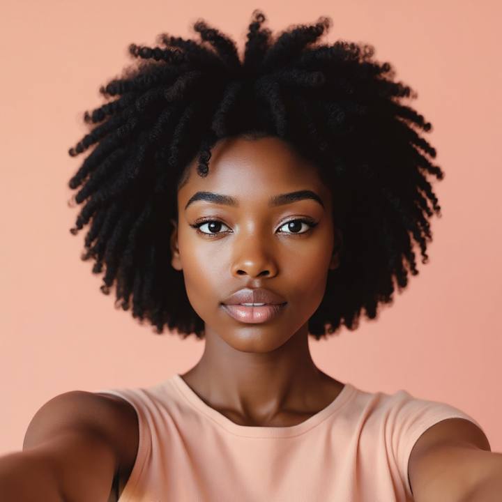The same woman with a rounded curly bob — coils and deep skin tone preserved