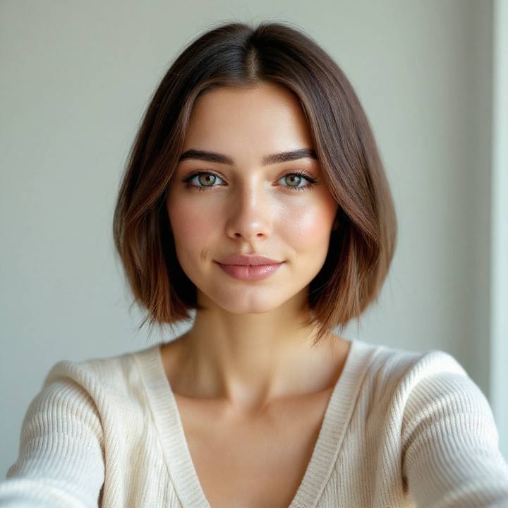 The same woman with a chin-length french bob — identical face
