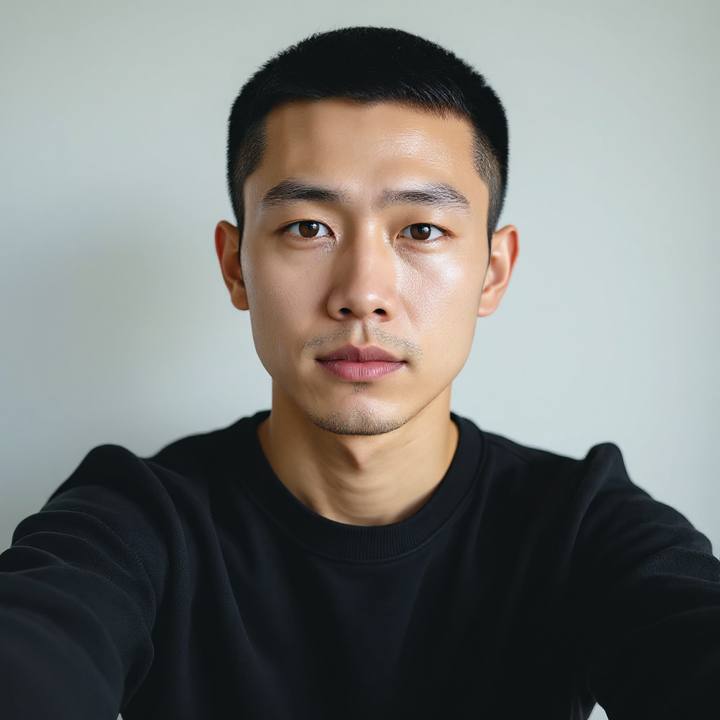 The same man with a buzz cut — identical face, clipped hair