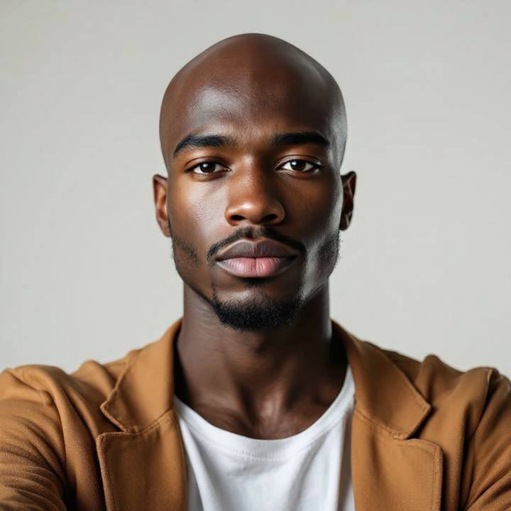 The same man after a buzz cut simulation, hairline and beard kept honest