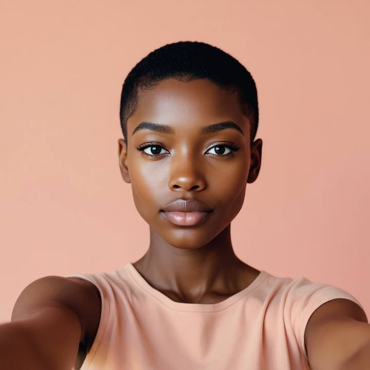 AI buzz cut try-on preview — same face, clipped hair