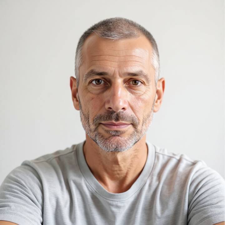 The same man with a closely shaved head and grey stubble, age kept honest
