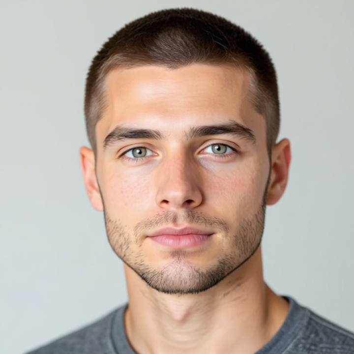 The same man with a classic buzz cut, identical face and stubble kept