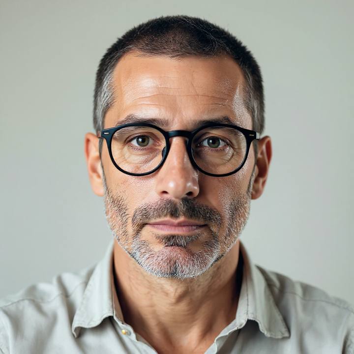 The same man with a buzz cut — glasses and face kept exactly the same