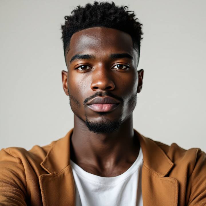 Man with short coily hair before an AI buzz cut simulation