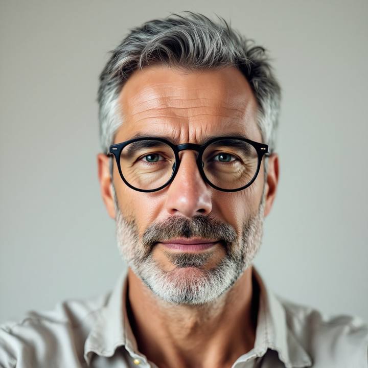 Older man with glasses before an AI buzz cut try on