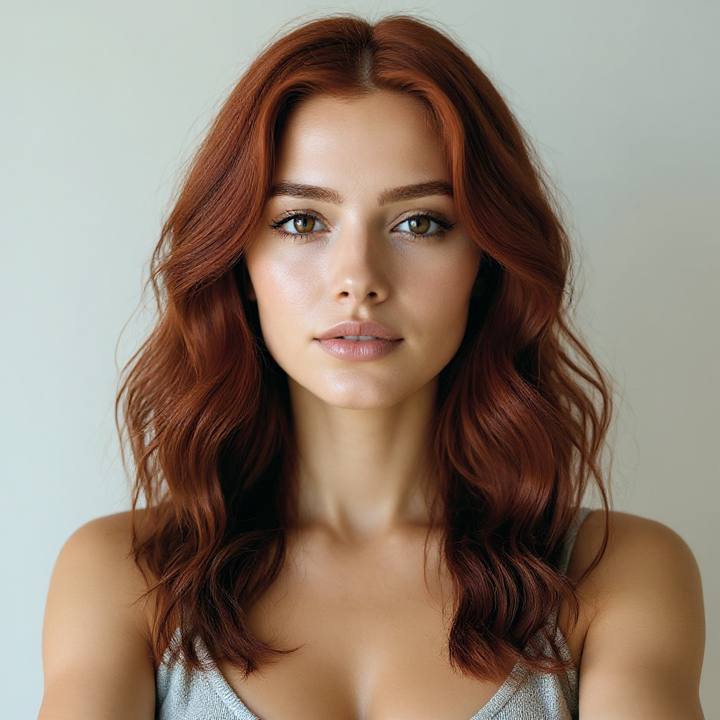 AI hair colour try-on preview — copper red on the same face