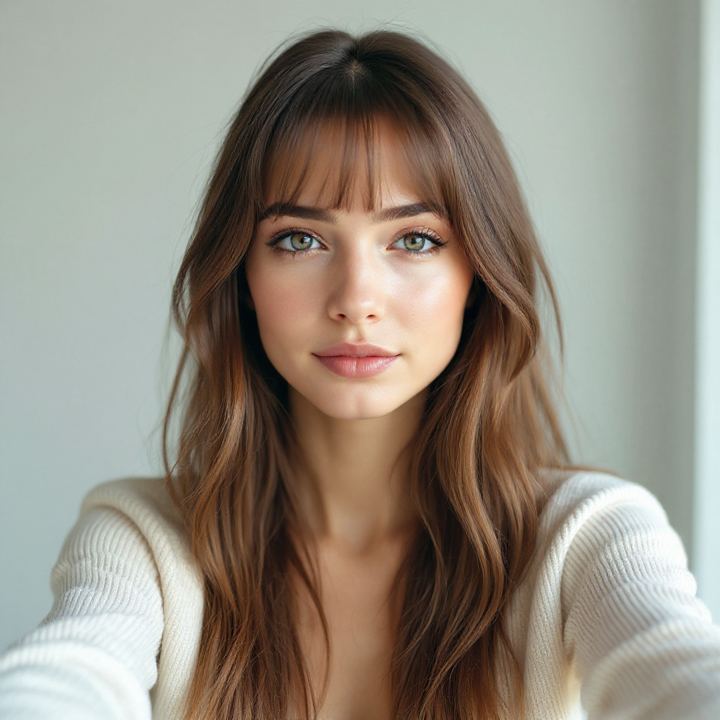 The same photo after an AI curtain bangs try on: identical face, new hairstyle