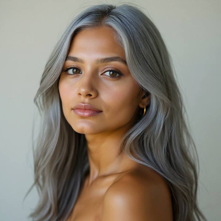 The same woman with silver gray hair — golden skin tone preserved, angle kept