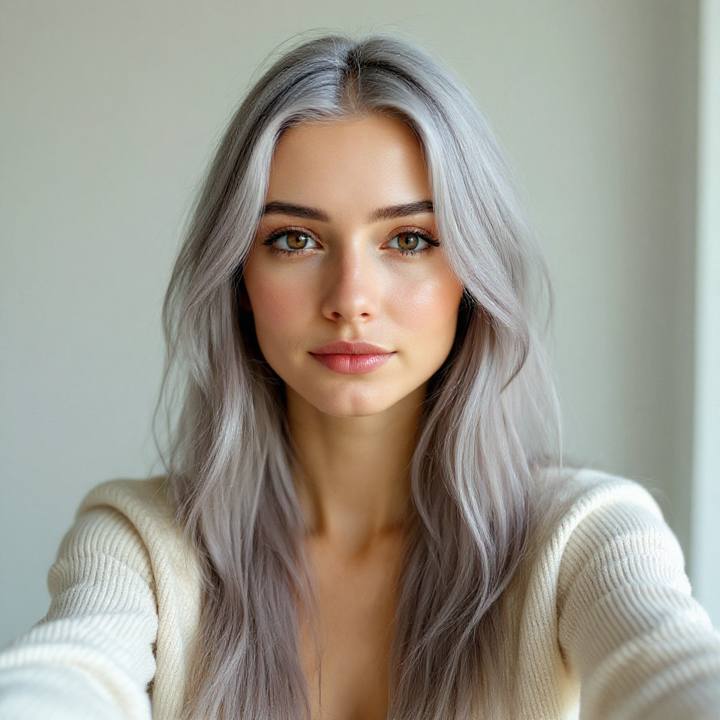 The same woman with fashion silver gray hair — features and skin tone kept