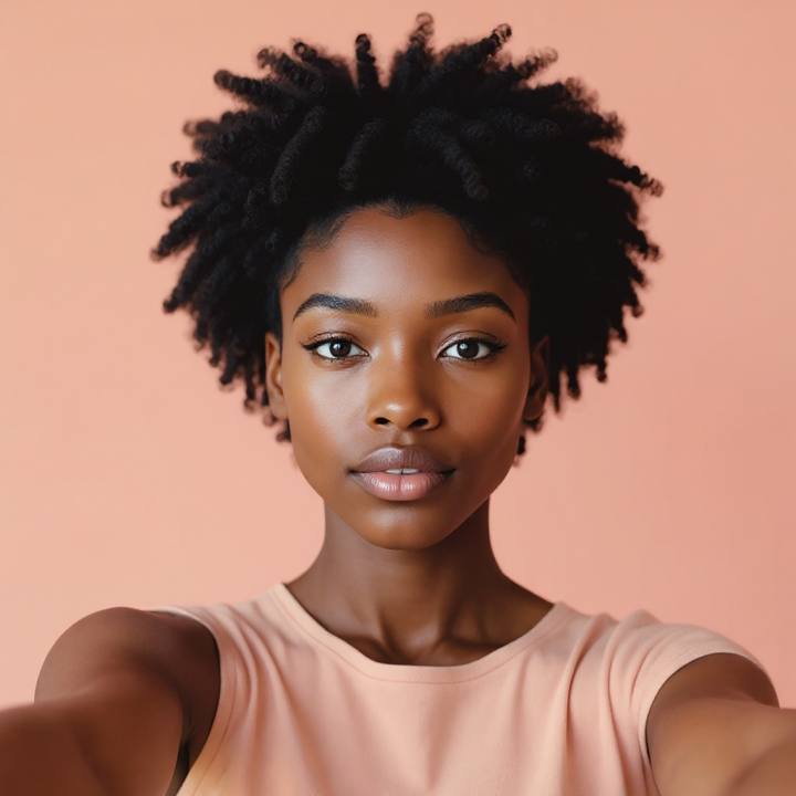 The same woman with a short tapered natural crop — coily texture and deep skin preserved
