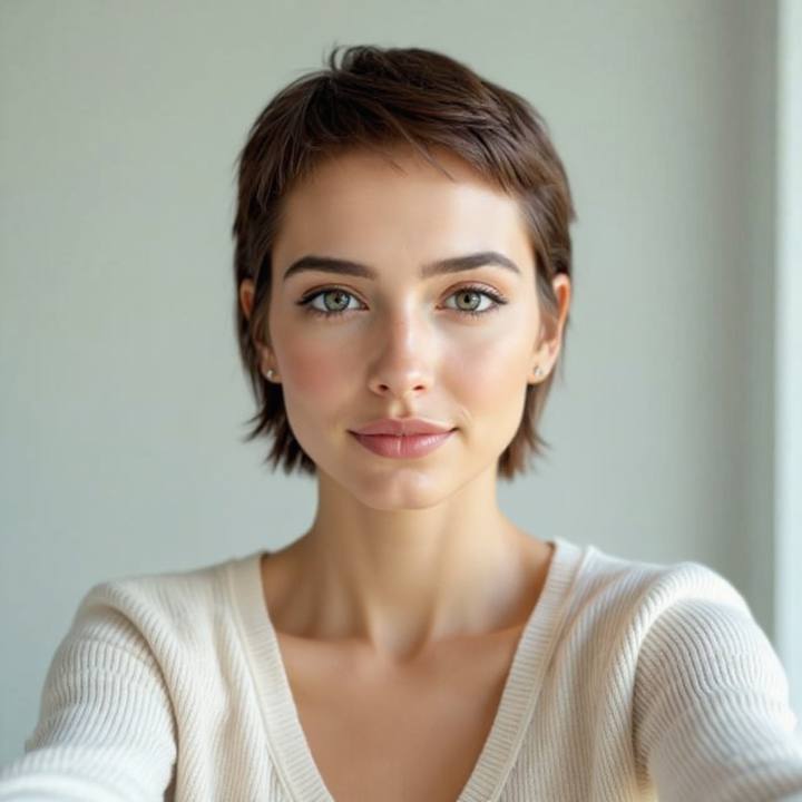 The same young woman with a chic pixie cut, face and age kept