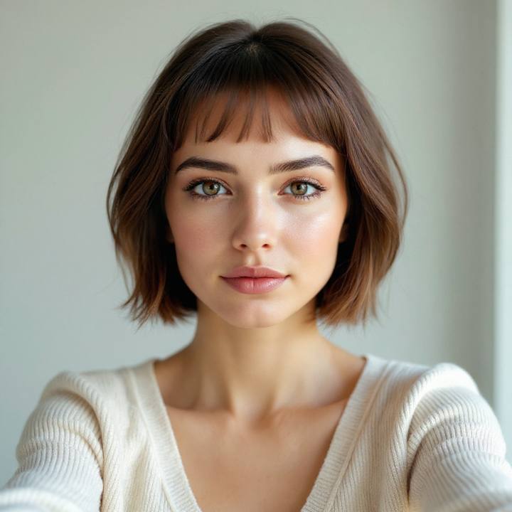 The same woman with a textured pixie cut — identical face, AI short hair preview