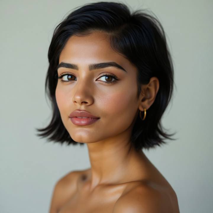 The same South Asian woman with a chin-length bixie, golden skin and angle kept