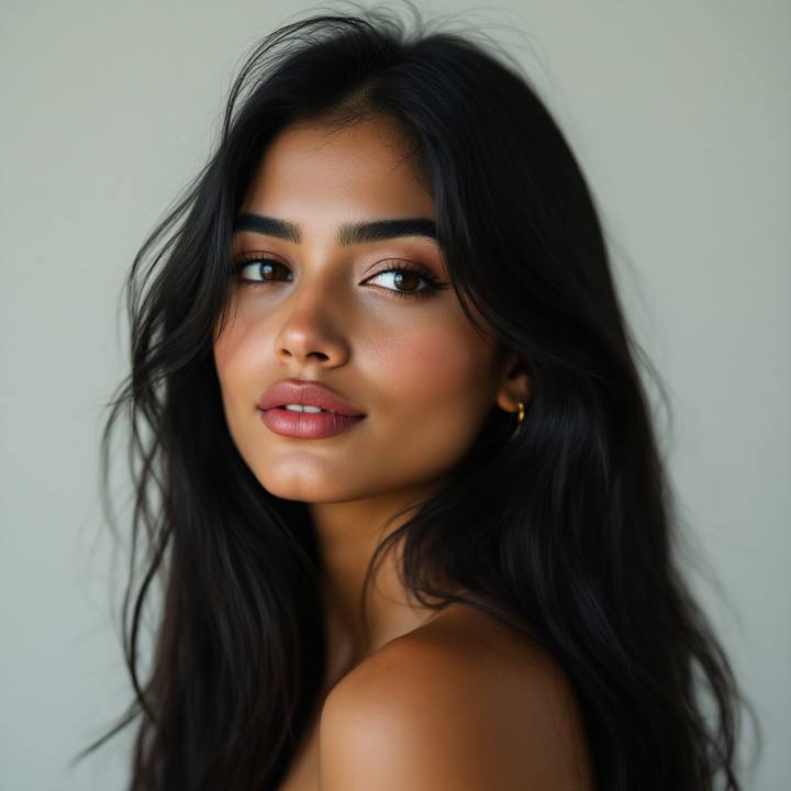 South Asian woman with long hair at an angle before an AI short hair try on